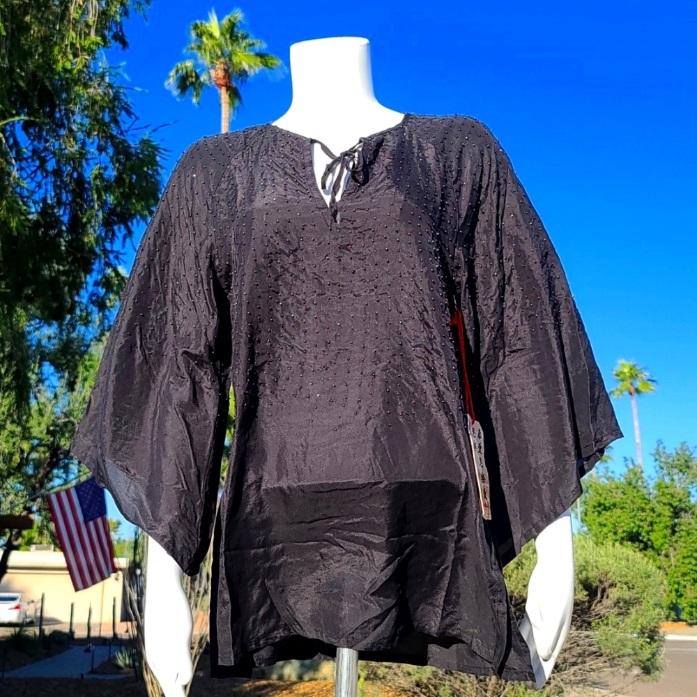VTG Y2K Da-Nang Silk Kimono Blouse XS Black Beaded Boho Luxe Tunic Top Da Nang - Picture 3 of 13